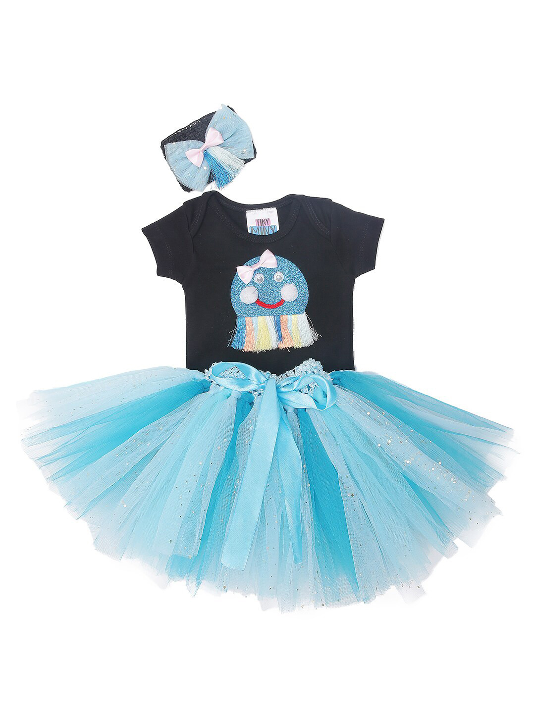 TINY MINY ME Girls Blue & Black Embellished Bodysuit with Skirt & With Headband