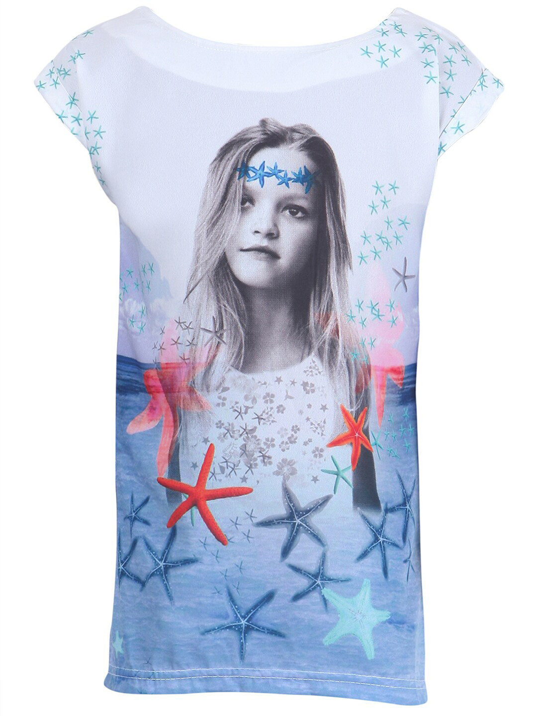 Miyo Girls Multicoloured Extended Sleeves Graphic Printed Pure Cotton Top