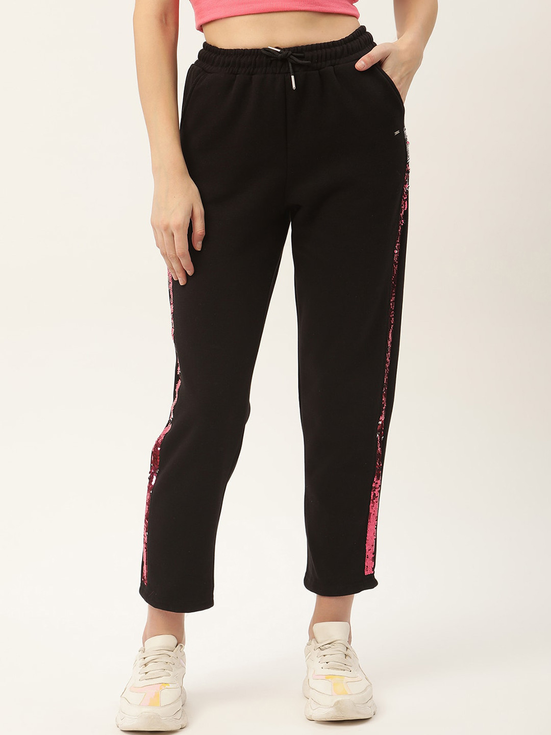 ELLE Women Black Solid Regular-Fit Cotton Track Pants