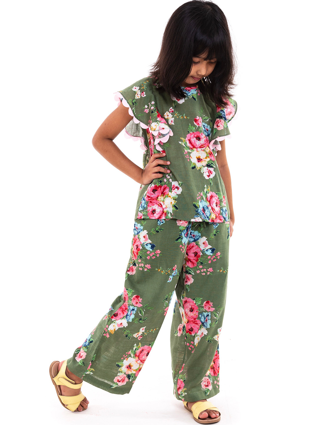 A Little Fable Girls Green & Pink Printed Pure Cotton Top With Pyjamas