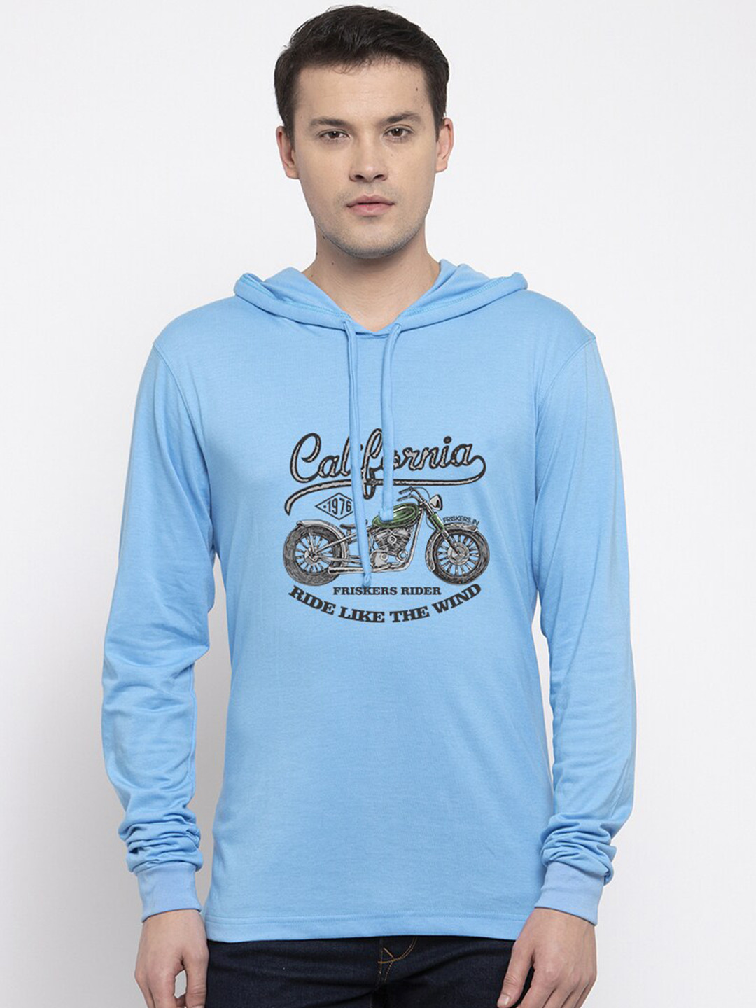 Friskers Men Blue California Biker Printed Hooded Cotton T-shirt