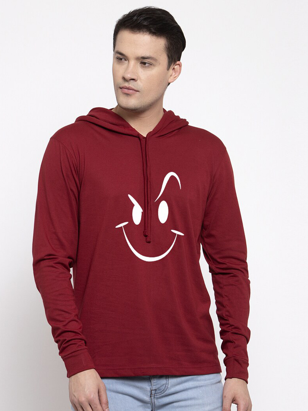Friskers Men Maroon Smily Printed Hooded Cotton T-shirt