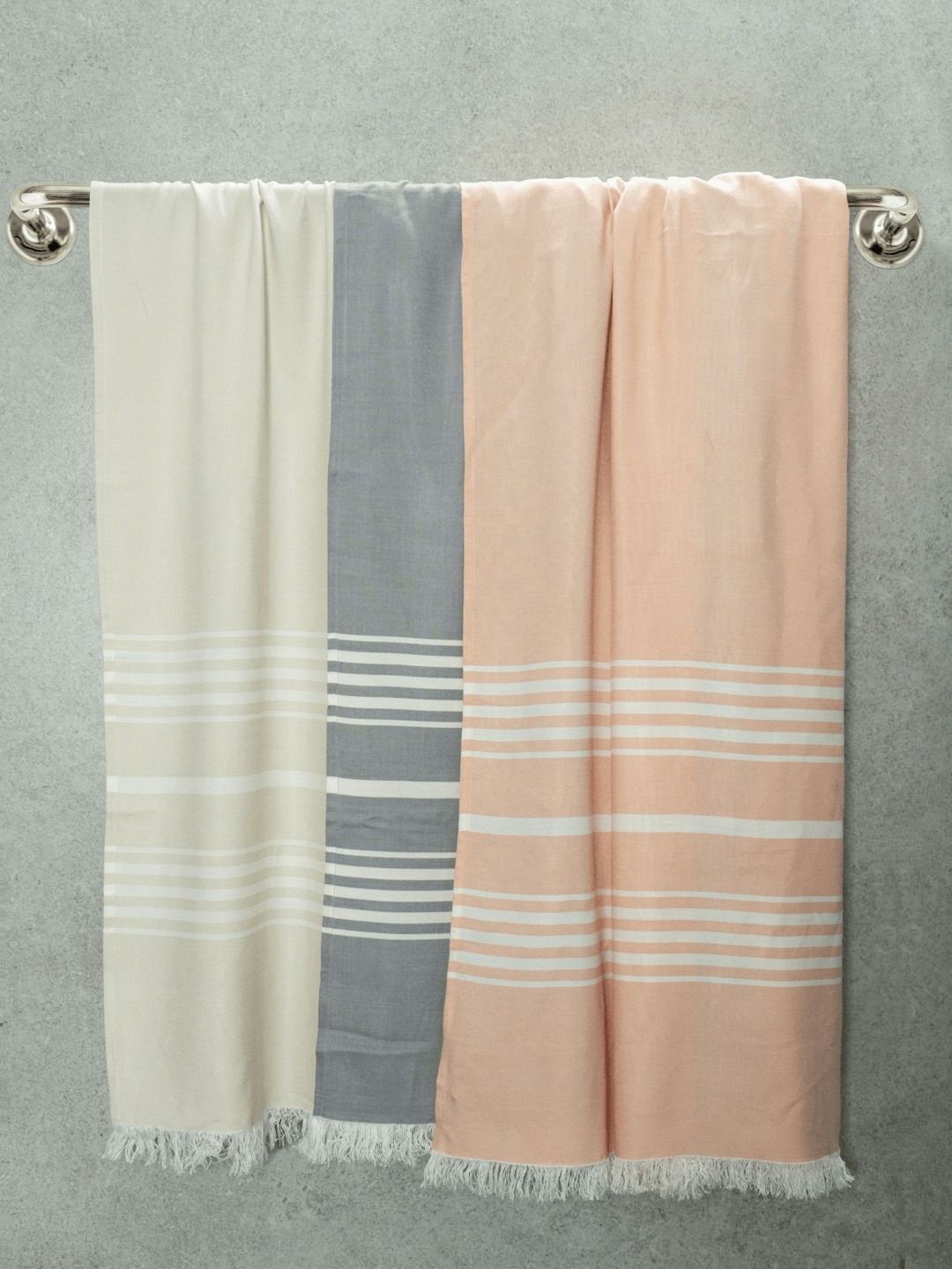 MUSH Set Of 3 Grey & Beige Striped Bamboo 300 GSM Turkish Bath Towels