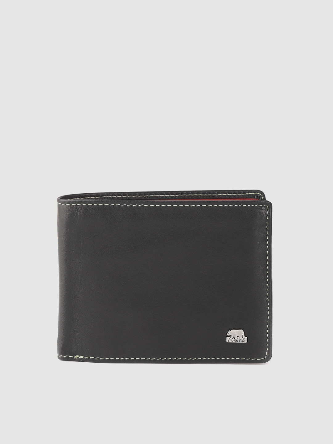 BROWN BEAR Men Black & Red Solid Leather Two Fold Wallet