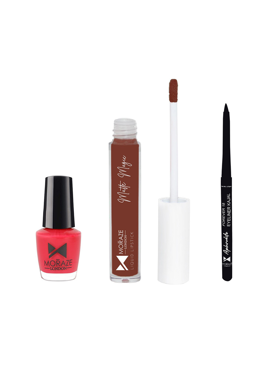 Moraze Set Of 1 Red Nail Polish With 1 Maroon Liquid Lipstick & 1 Kajal