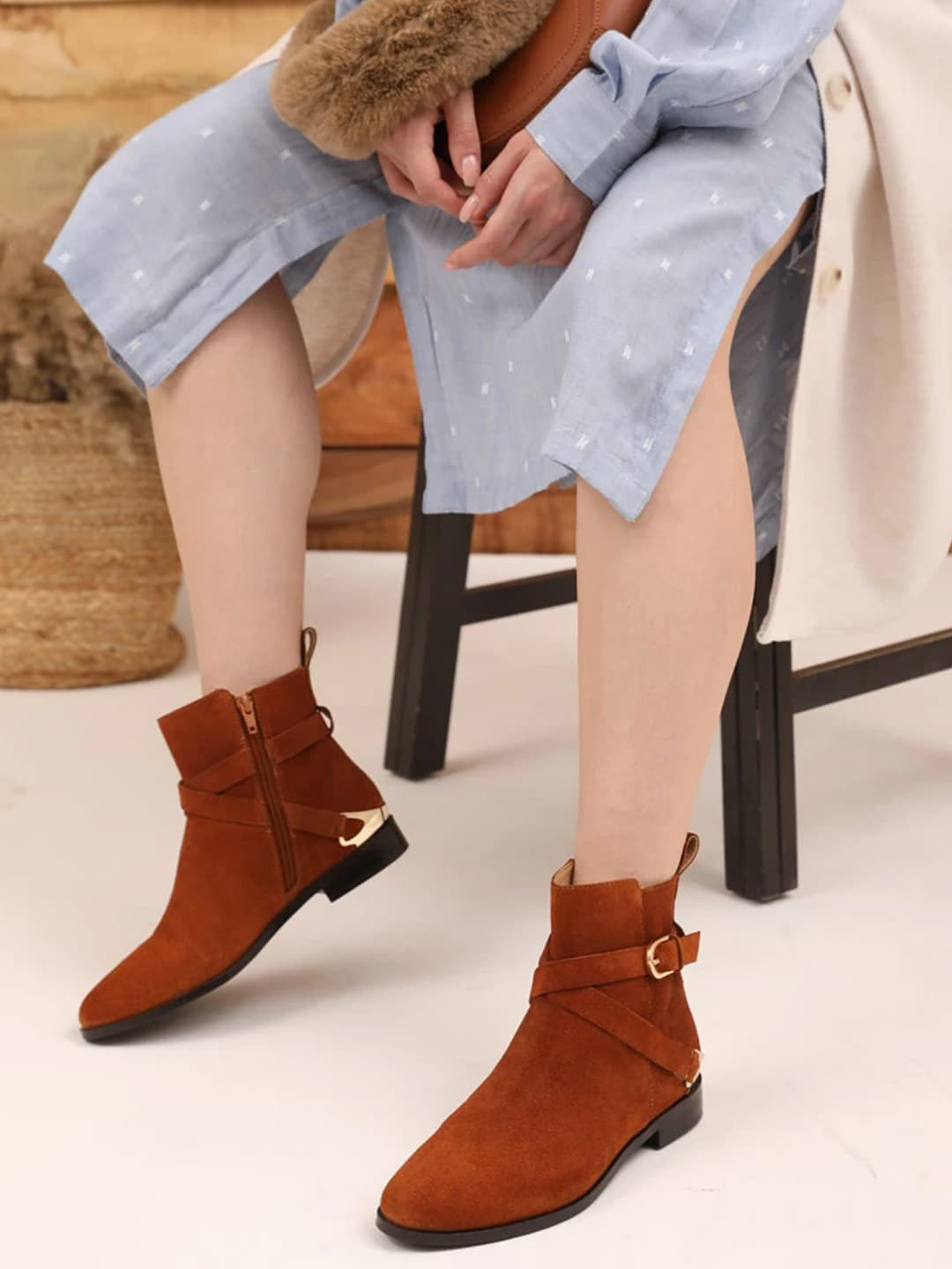 Saint G Women Tan Brown Buckle Decor Leather Ankle Boots