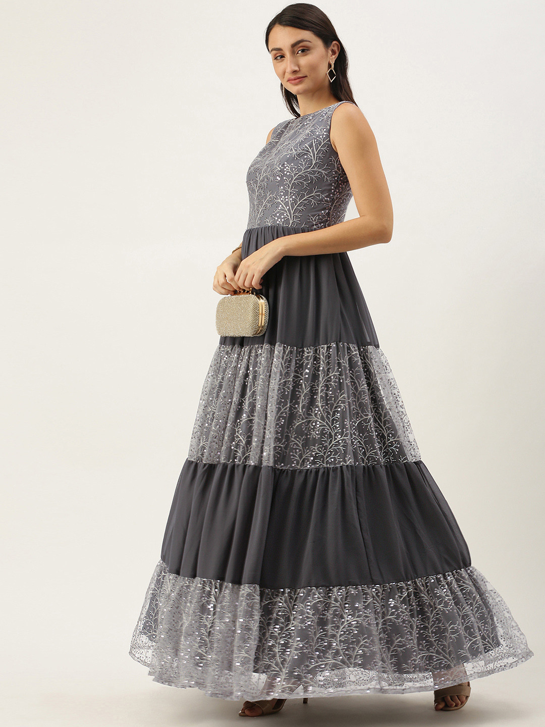 Ethnovog Black Floral Embroidered Sequined Made To Measure Georgette Tiered Gown