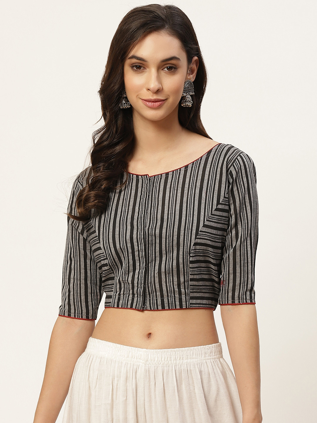 tantkatha Women Black & Grey Striped Boat Neck Saree Blouse