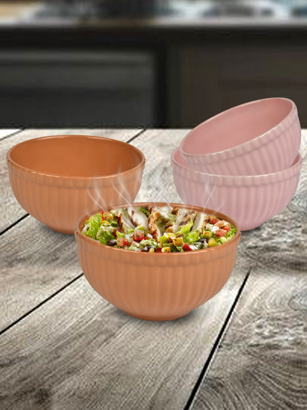 URBAN CHEF Set Of 4 Peach & Mustard Listra Ceramic Bowl