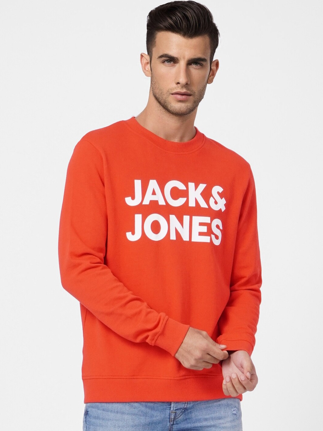 Jack   Jones Men Orange Printed Full Sleeves Sweatshirt