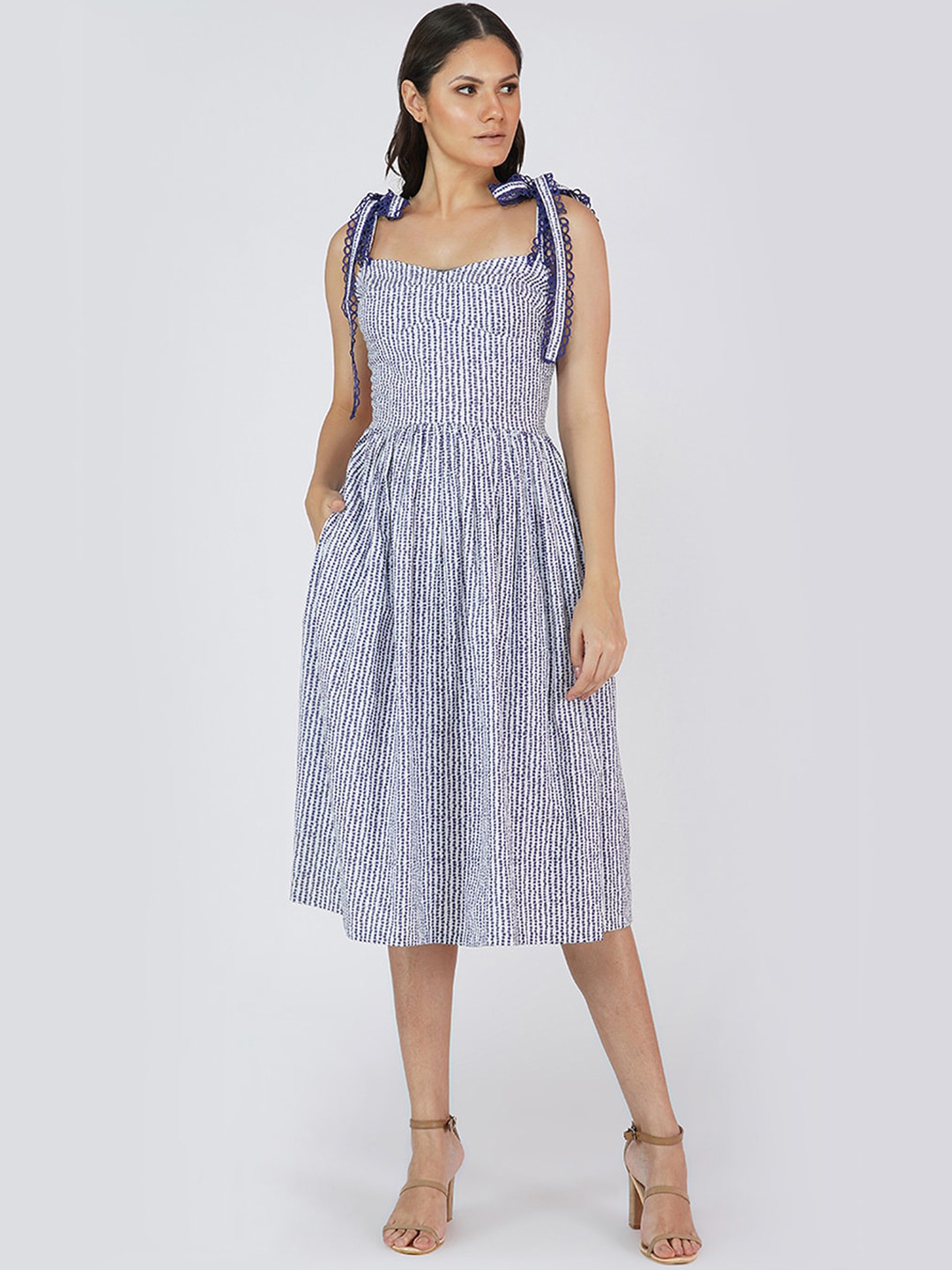 KLAS NOBL White Pure Cotton Midi Fit & Flared Dress