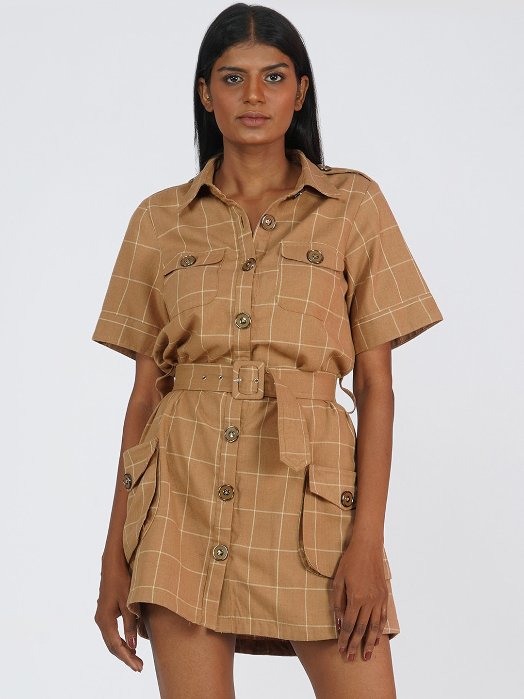 KLAS NOBL Brown Checked Shirt Mini Dress