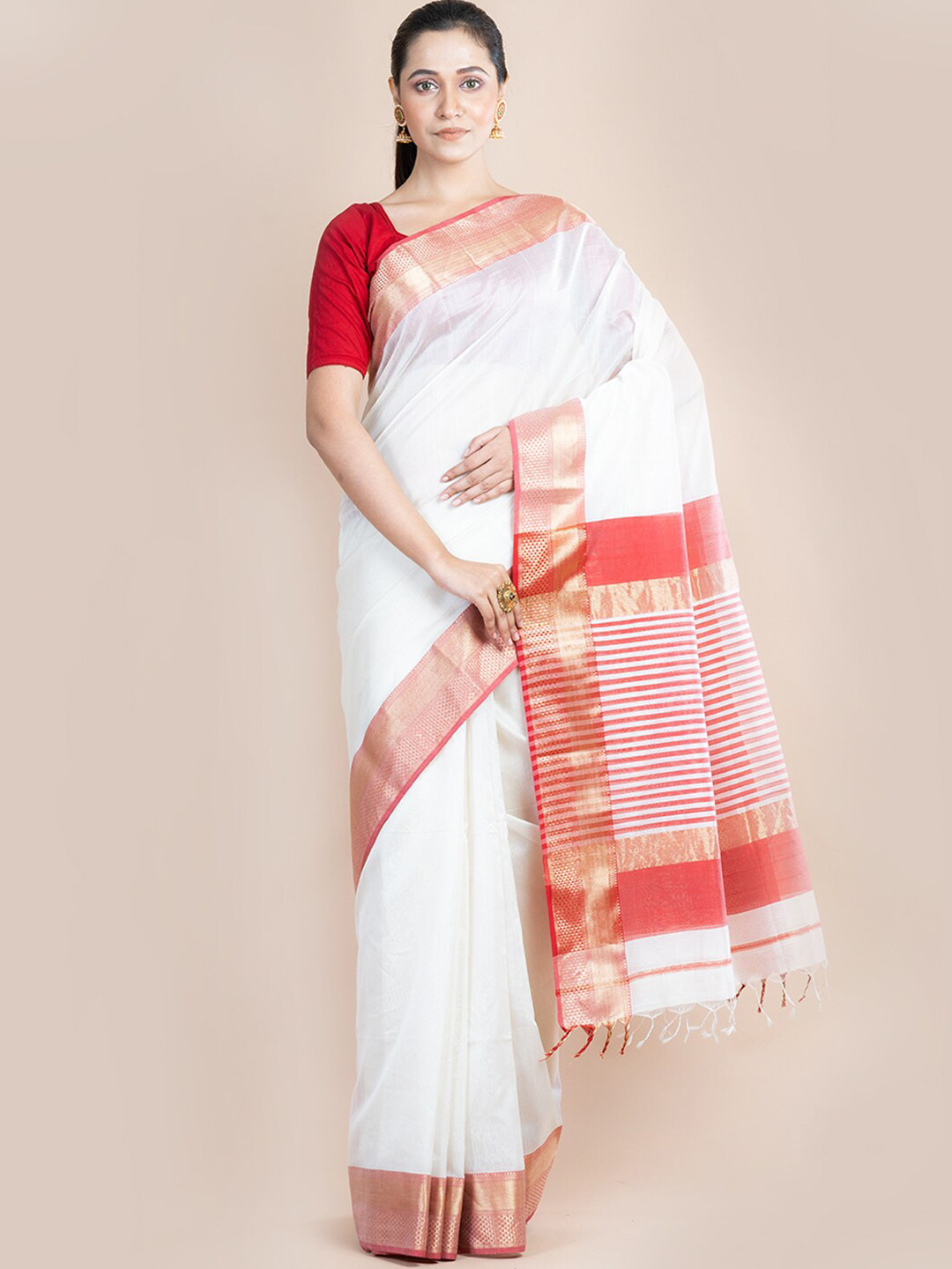 Indethnic White & Red Zari Silk Cotton Maheshwari Saree