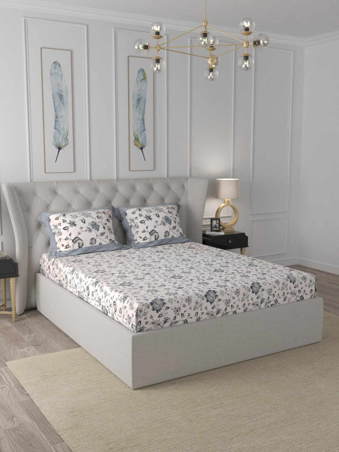 JAIPUR FABRIC Blue Floral Cotton 300 TC Queen Fine Bedsheet with 2 Pillow Covers-90 x 102 inches