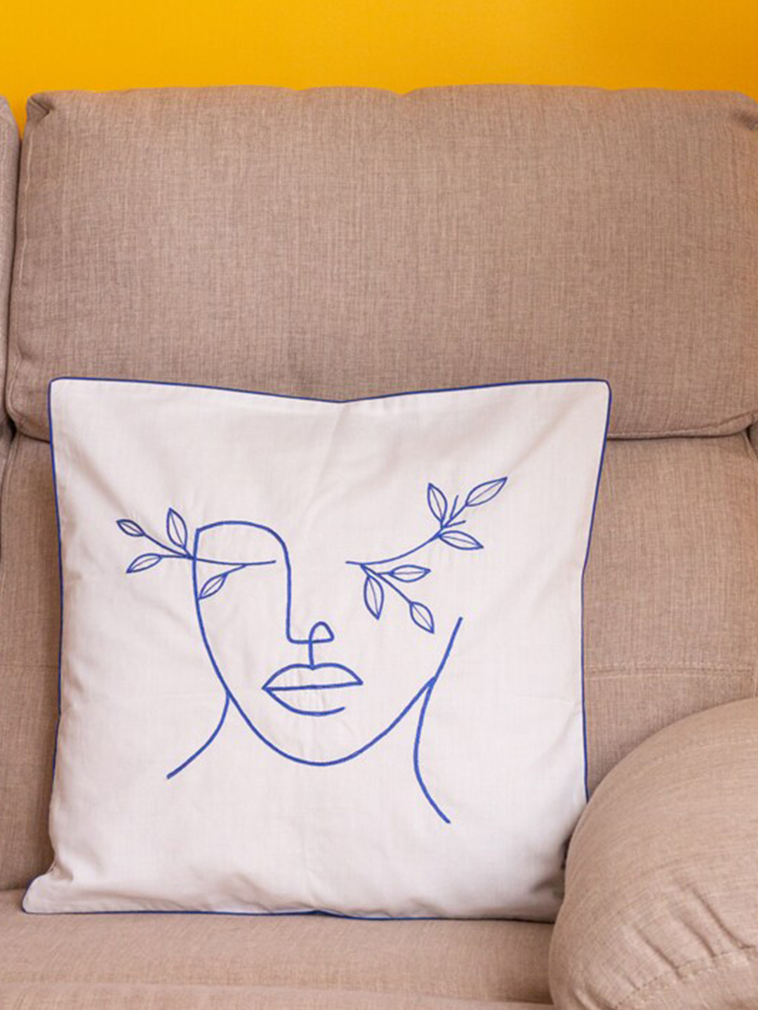 BandBox White Leaf Cotton Lightweight Square Cushion Cover -16x16In