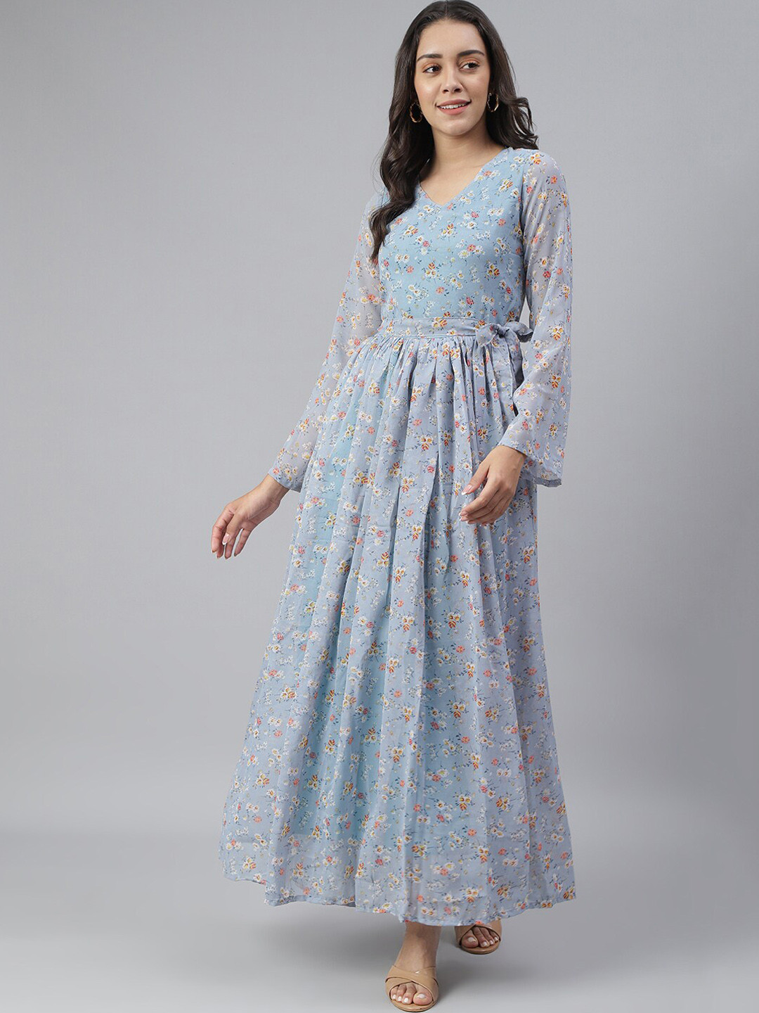 SCORPIUS Blue & Pink Floral Georgette Maxi Dress