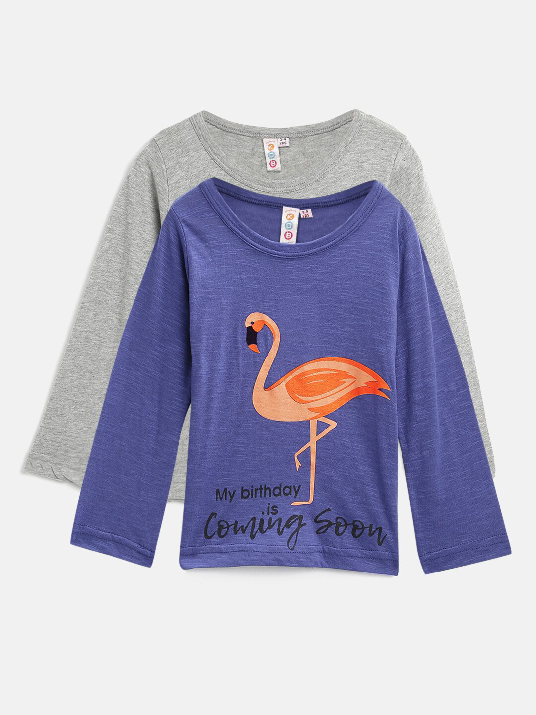 Kids On Board Girls Cotton Blue & Grey Melange Set Of 2 Printed Full Sleeve T-Shirts