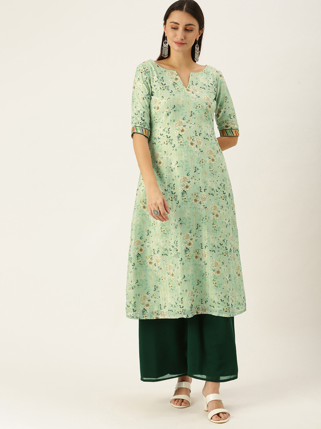 Ethnovog Women Green Made To Measure Printed Regular Kurta with Palazzos