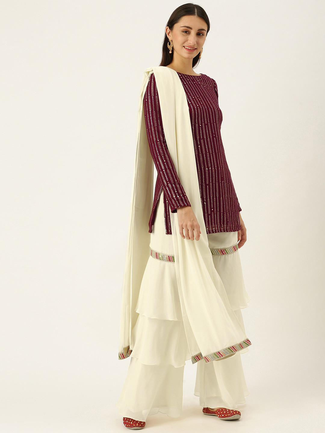 Ethnovog Women Maroon Made To Measure Sequinned Kurti with Off-White Sharara  Dupatta