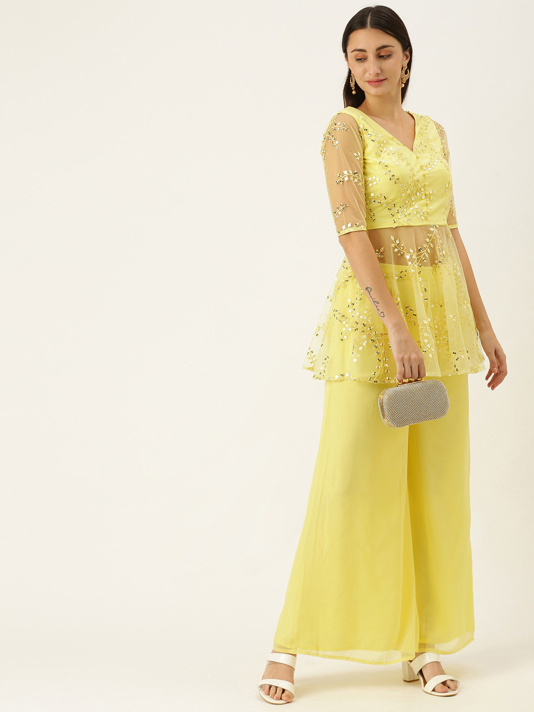 Ethnovog Women Made To Measure Yellow Sequinned Peplum Kurti with Palazzos