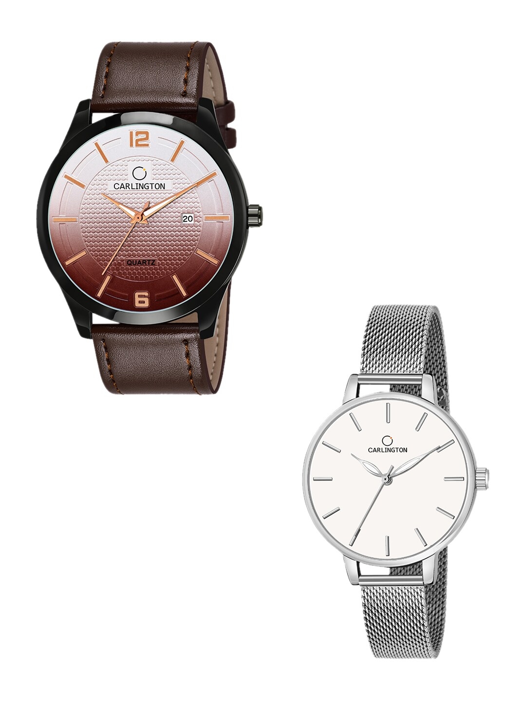 CARLINGTON Unisex Pack Of 2 Analog Watches   Combo CT1010 Brown   CT2014 Silver