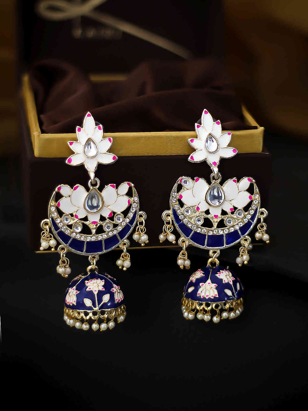 Kairi Gold-Plated Blue & White Crescent Shaped Chandbalis