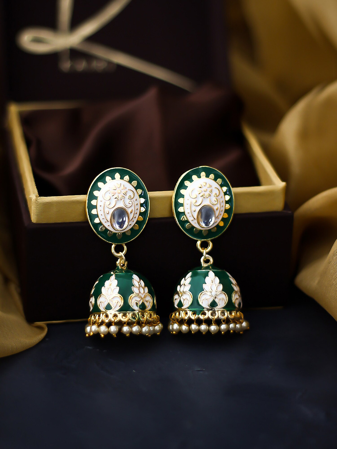 Kairi Gold-Plated Green & White Dome Shaped Jhumkas