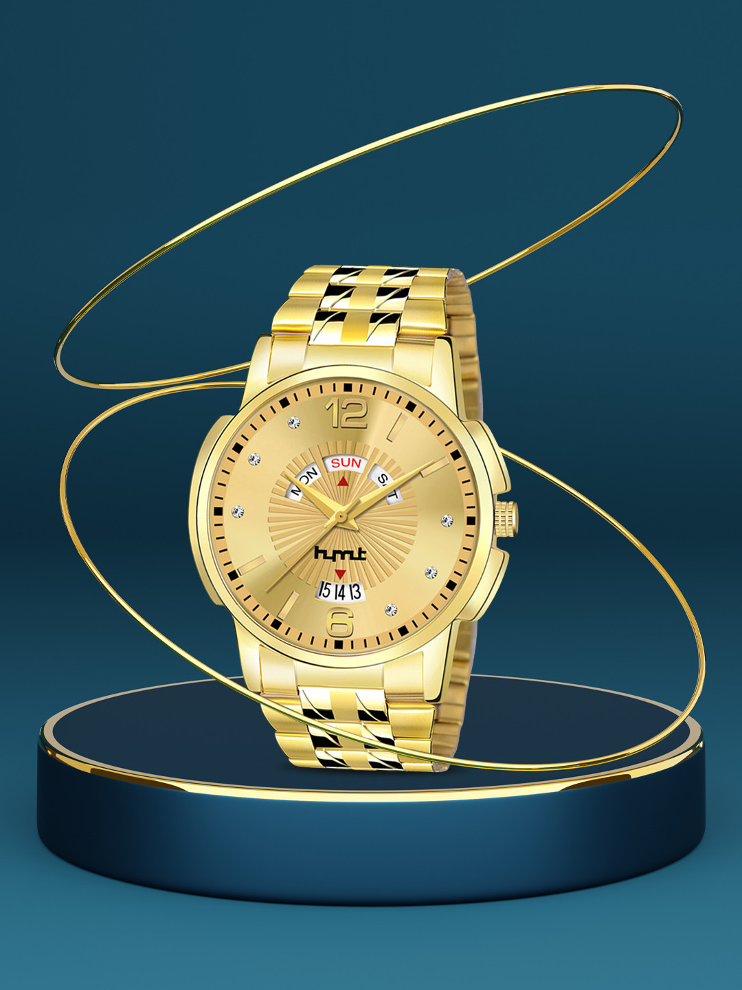 HYMT Men Gold-Toned Dial & Gold Toned Stainless Steel Bracelet Style Straps Analogue Watch HMTY-7008