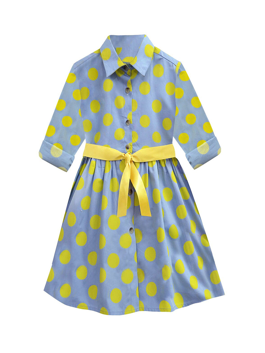 A T U N Girls Blue & Yellow Polka Dot Shirt Dress