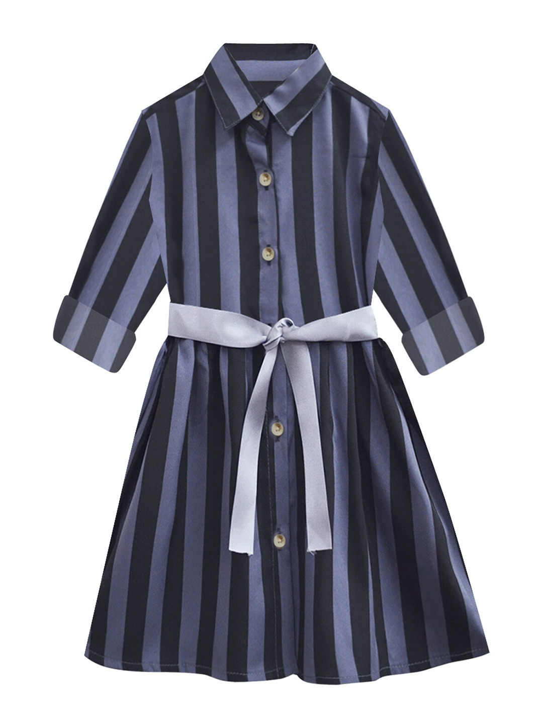 A T U N Girls Grey & Black Striped Shirt Dress