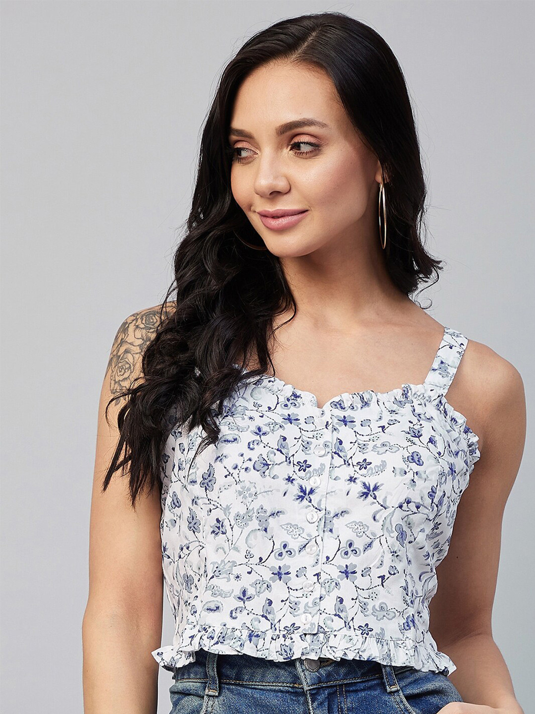 Marie Claire Off White Floral Ruffles Regular Crop Top