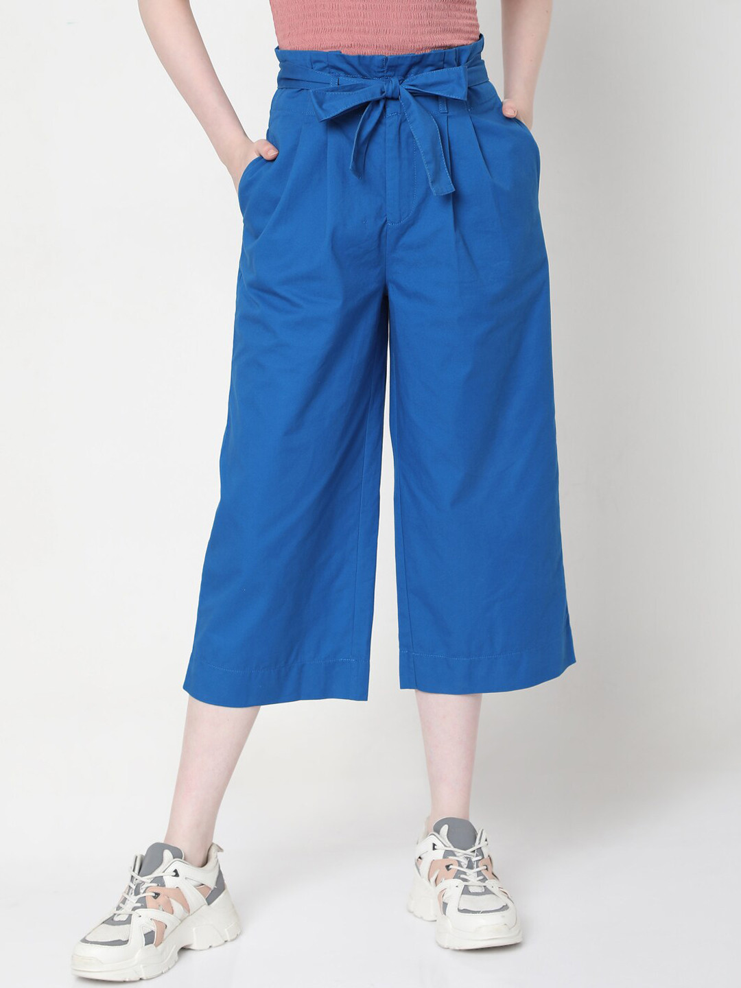Vero Moda Women Blue Pleated Cotton Culottes With Belt