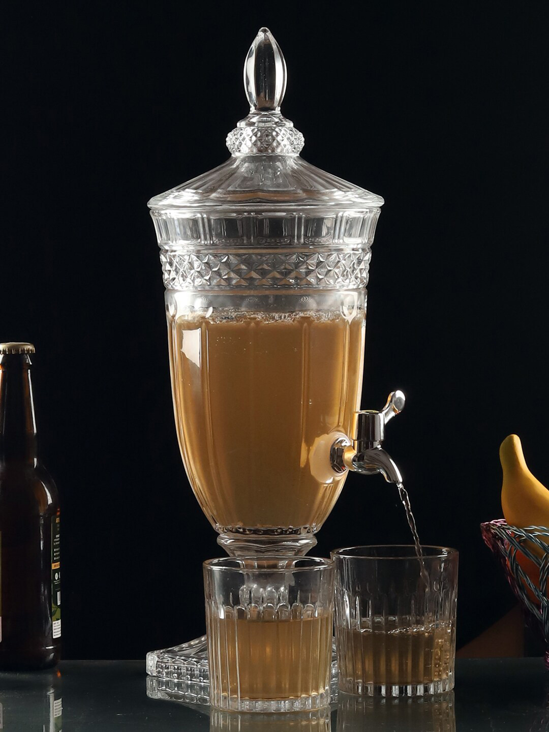 ceradeco Transparent Textured Liner Glass Shaped Beer Pitcher With 6 Whisky Glasses