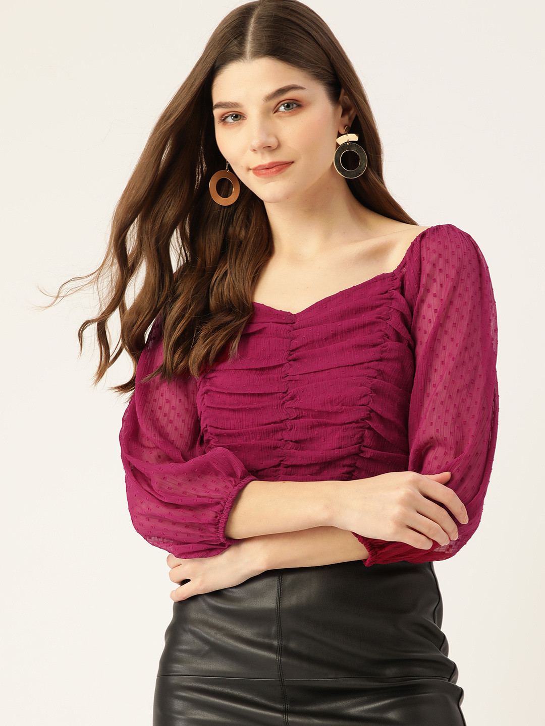 Antheaa Purple Self Design Sweetheart Neck Bishop Sleeves Smocked Ruched Net Crop Top