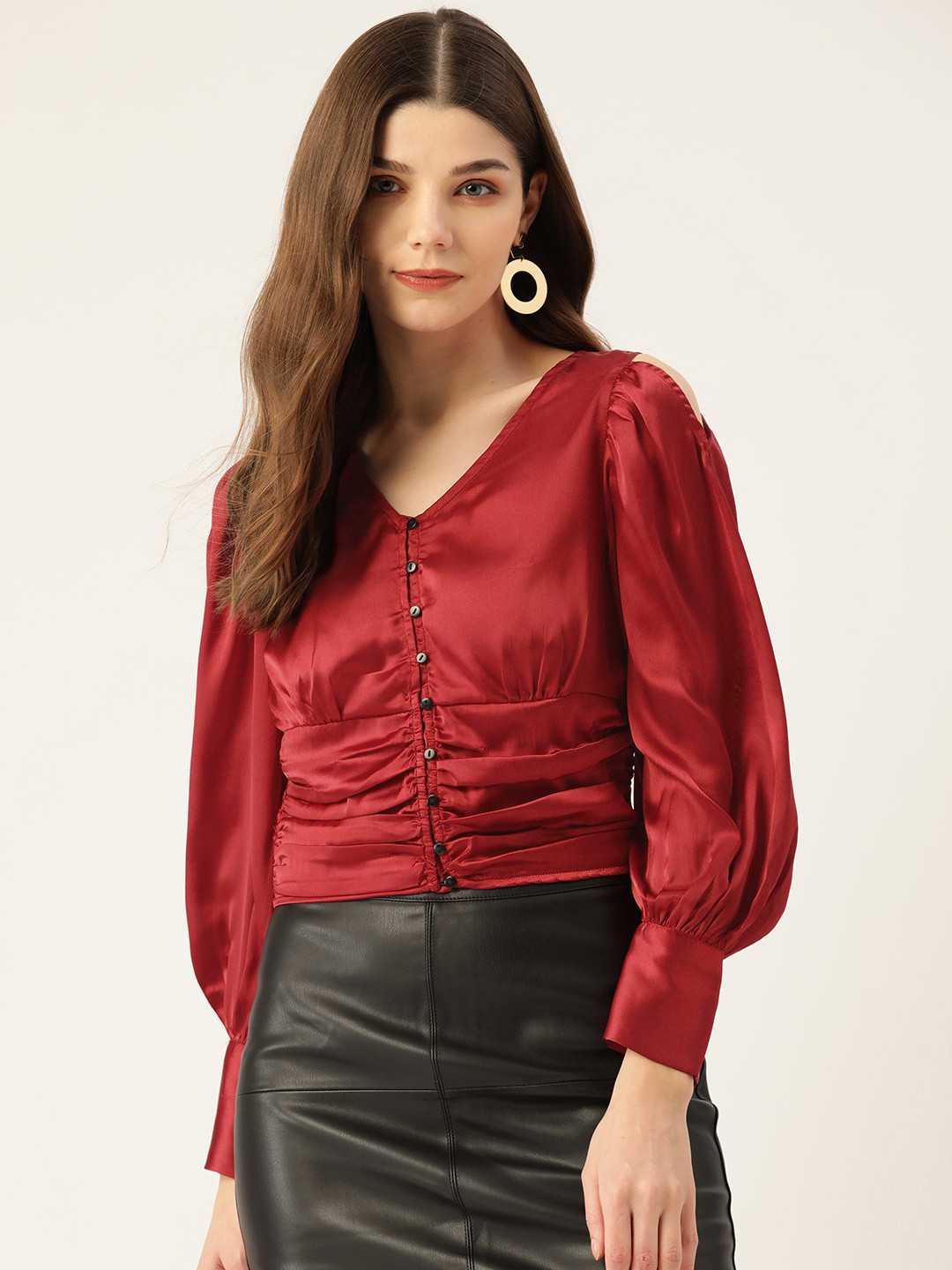 Antheaa Maroon Solid V-Neck Cold-Shoulder Sleeves Smocked Ruched Satin Shirt Style Top