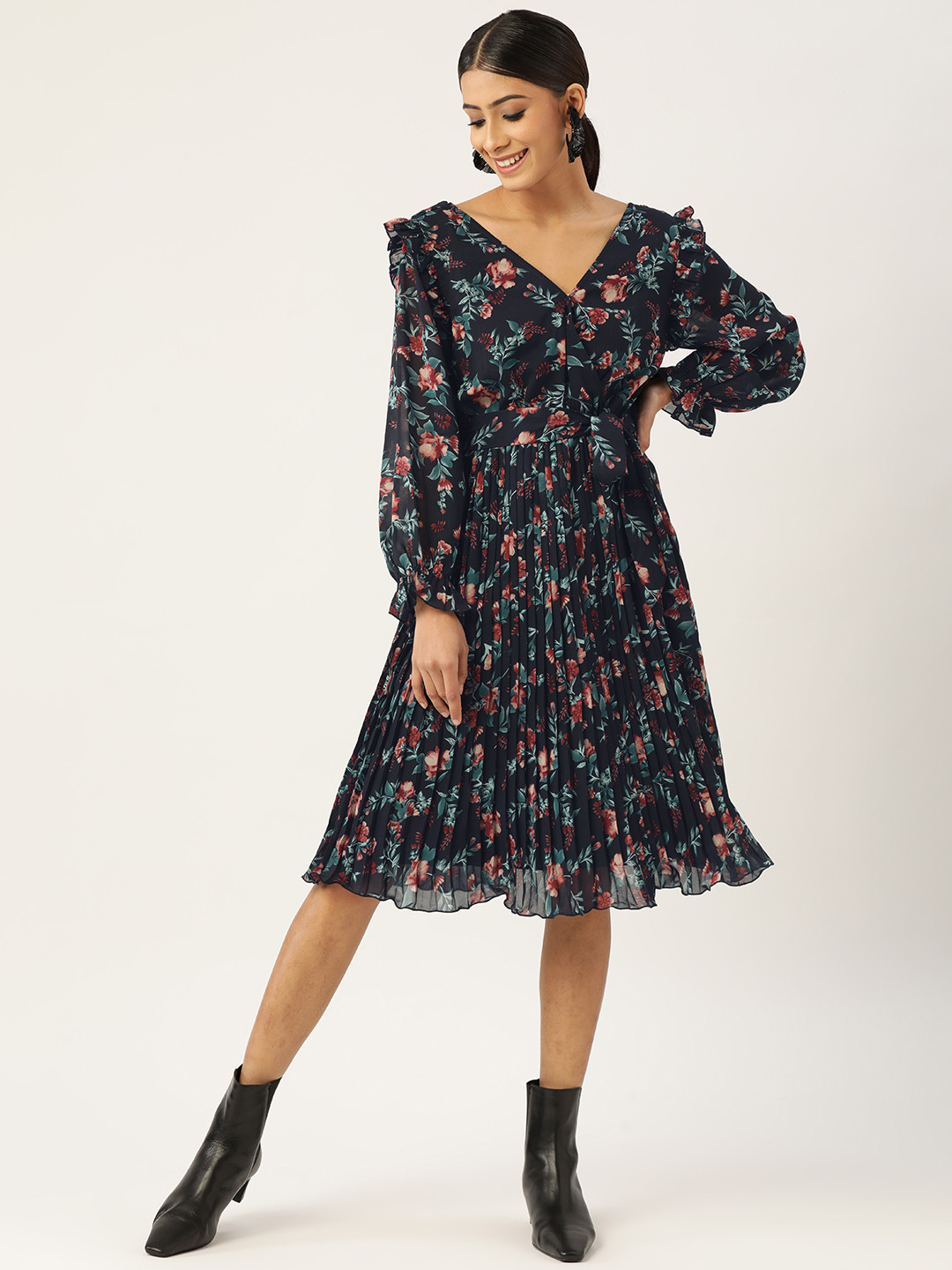 Antheaa Women Navy Blue & Pink Floral A-Line Dress with Waist Tie-up Detail