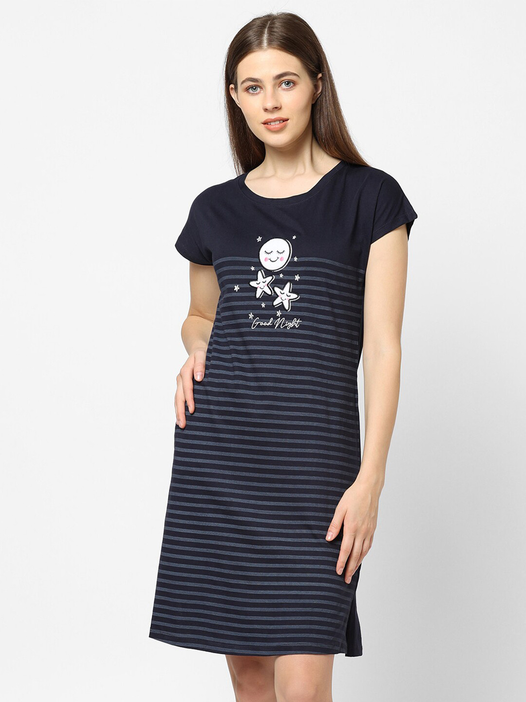 Sweet Dreams Women Navy Blue Striped T Shirt Nightdress
