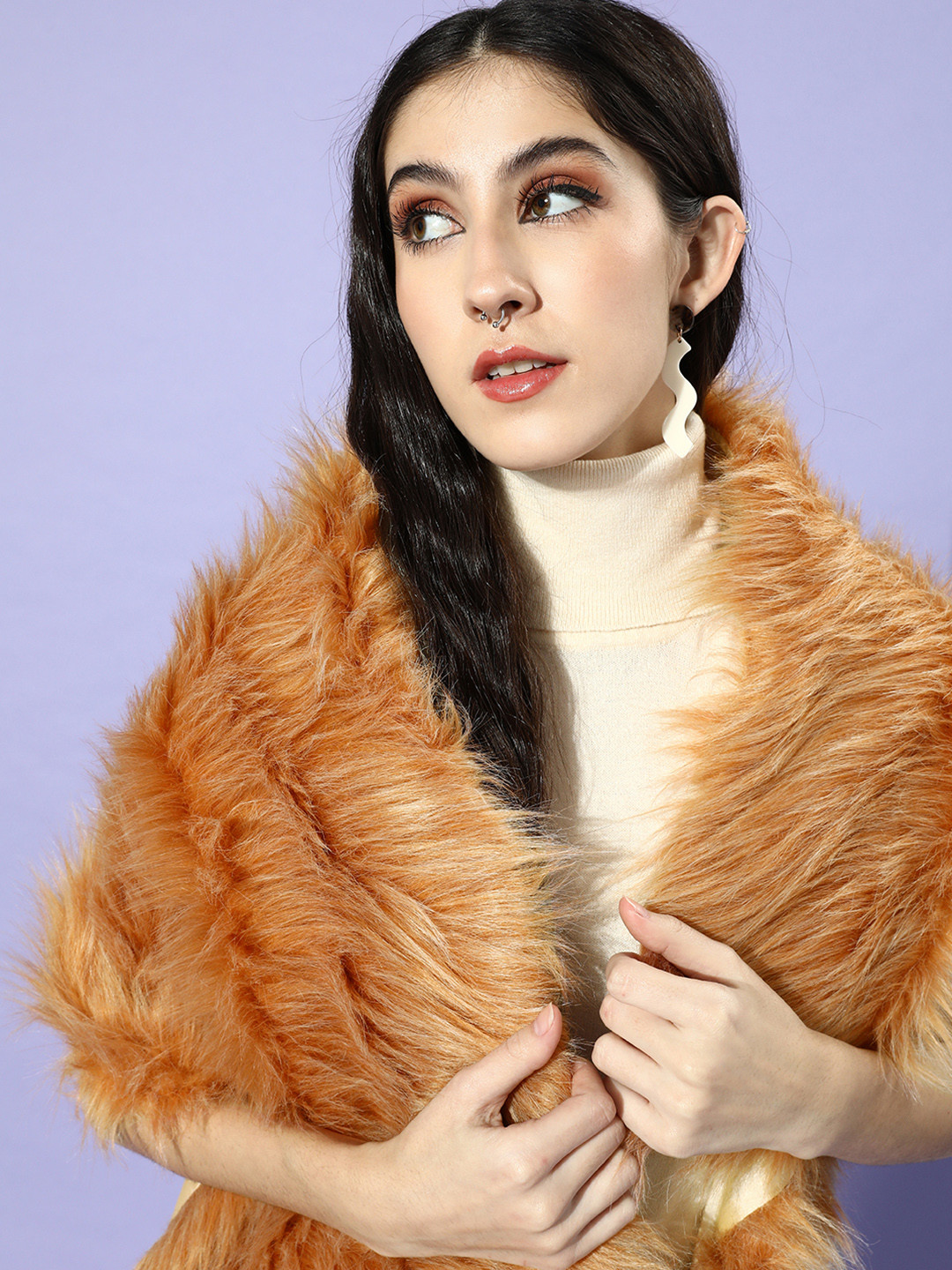 InWeave Women PEACH ORANGE FAUX FUR CAPE