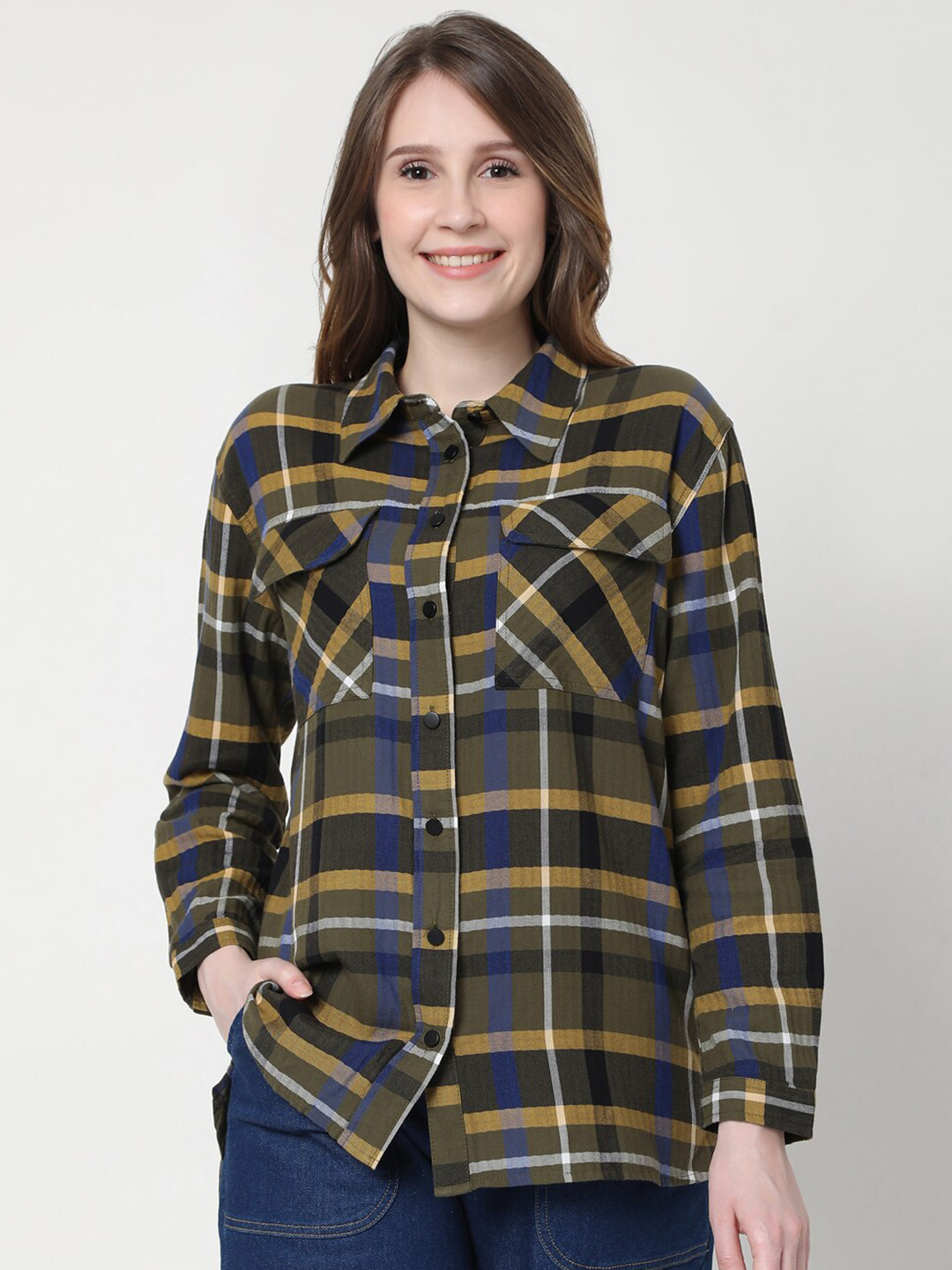 Vero Moda Women Cotton Olive Green Tartan Checks Casual Shirt
