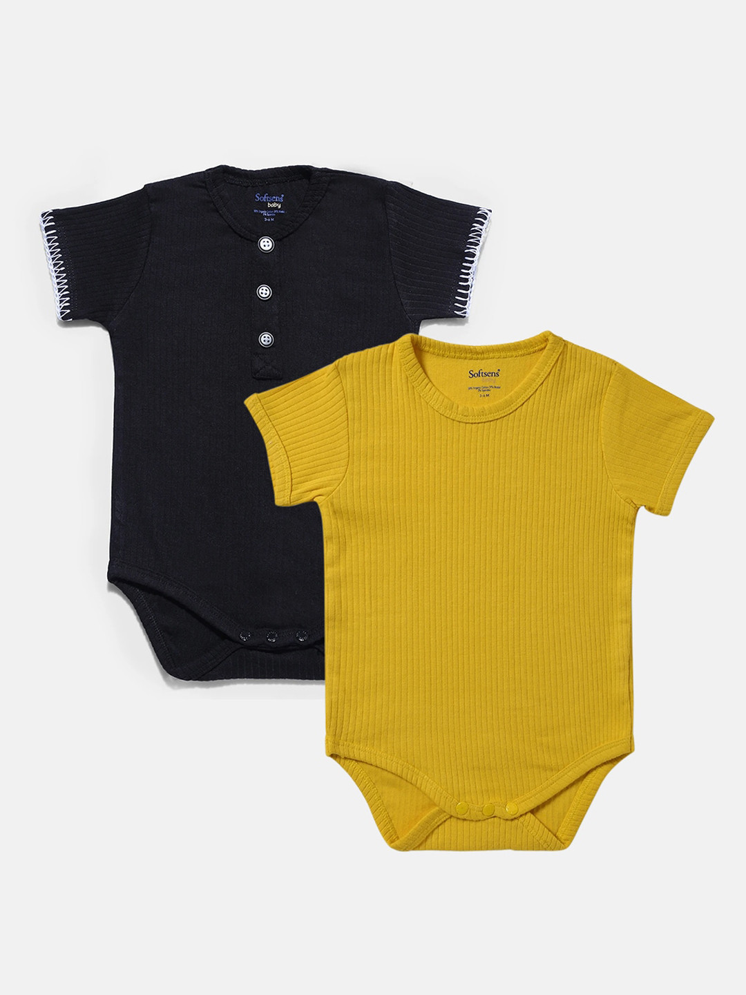 Softsens Infant Kids Black & Yellow Pack Of 2 Solid Ribbed Bodysuits