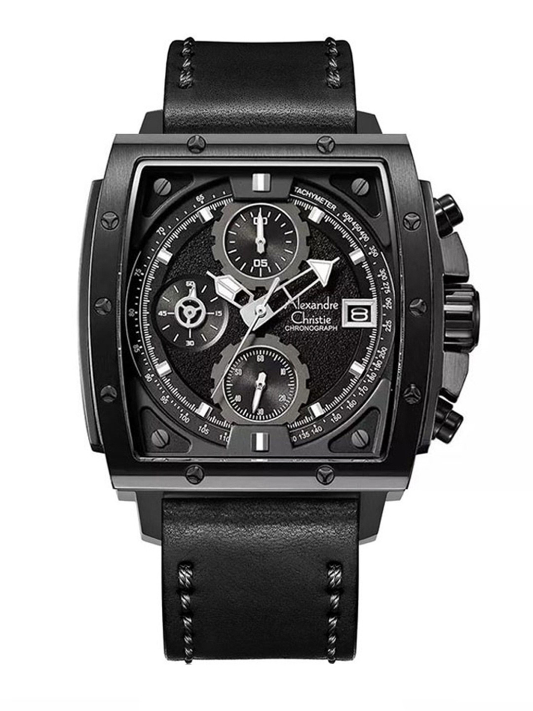 Alexandre Christie Men Black Dial & Black Leather Bracelet Style Straps Analogue Tachymeter Watch
