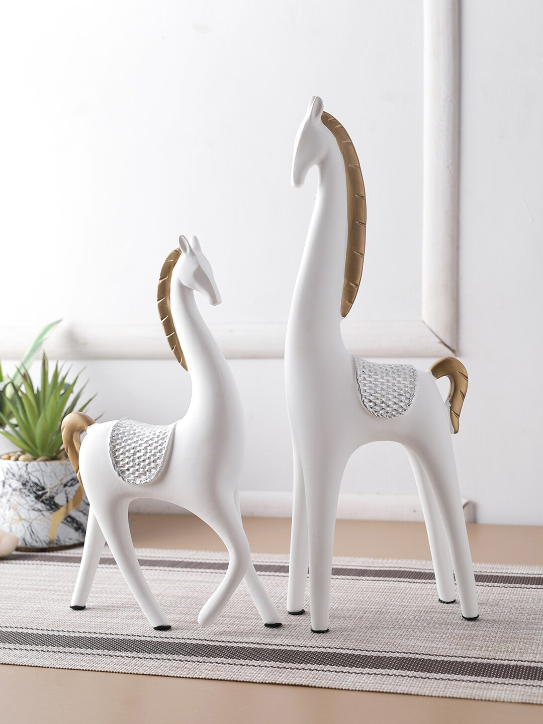 TAYHAA Poised Reindeers White Resin Matte Living Room Set of 2 Medium Showpieces - 14.2 Inches