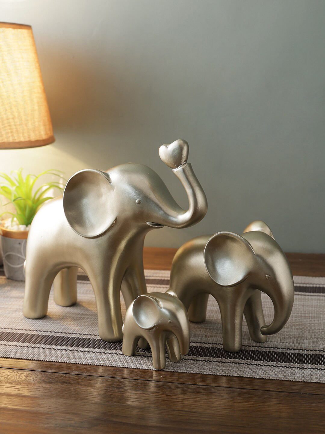 TAYHAA Elephant Gold Resin Glossy Living Room Set of 3 Small Showpieces - 8.3 Inches