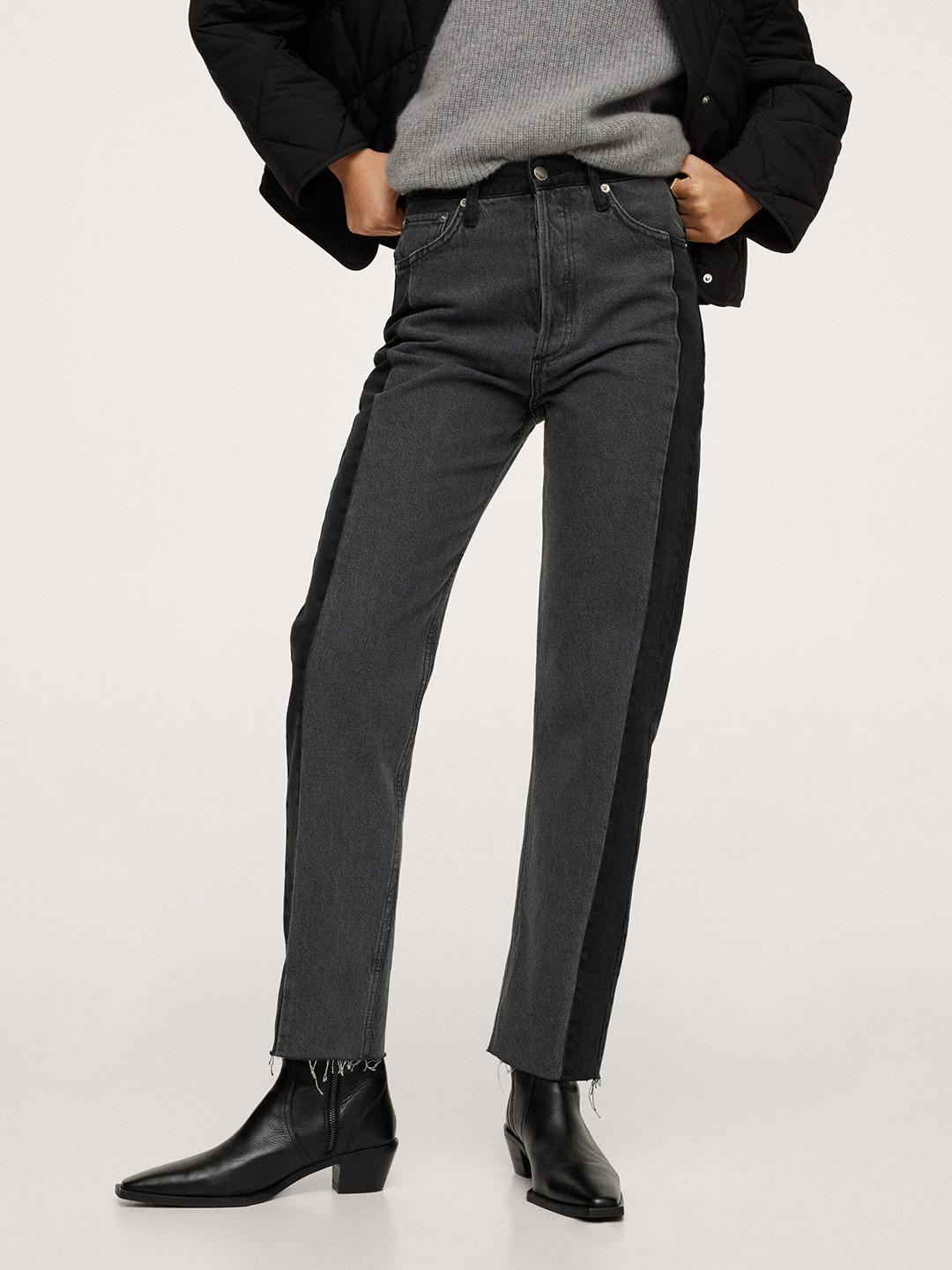 MANGO Women Charcoal Grey Pure Cotton Straight Fit High-Rise Jeans