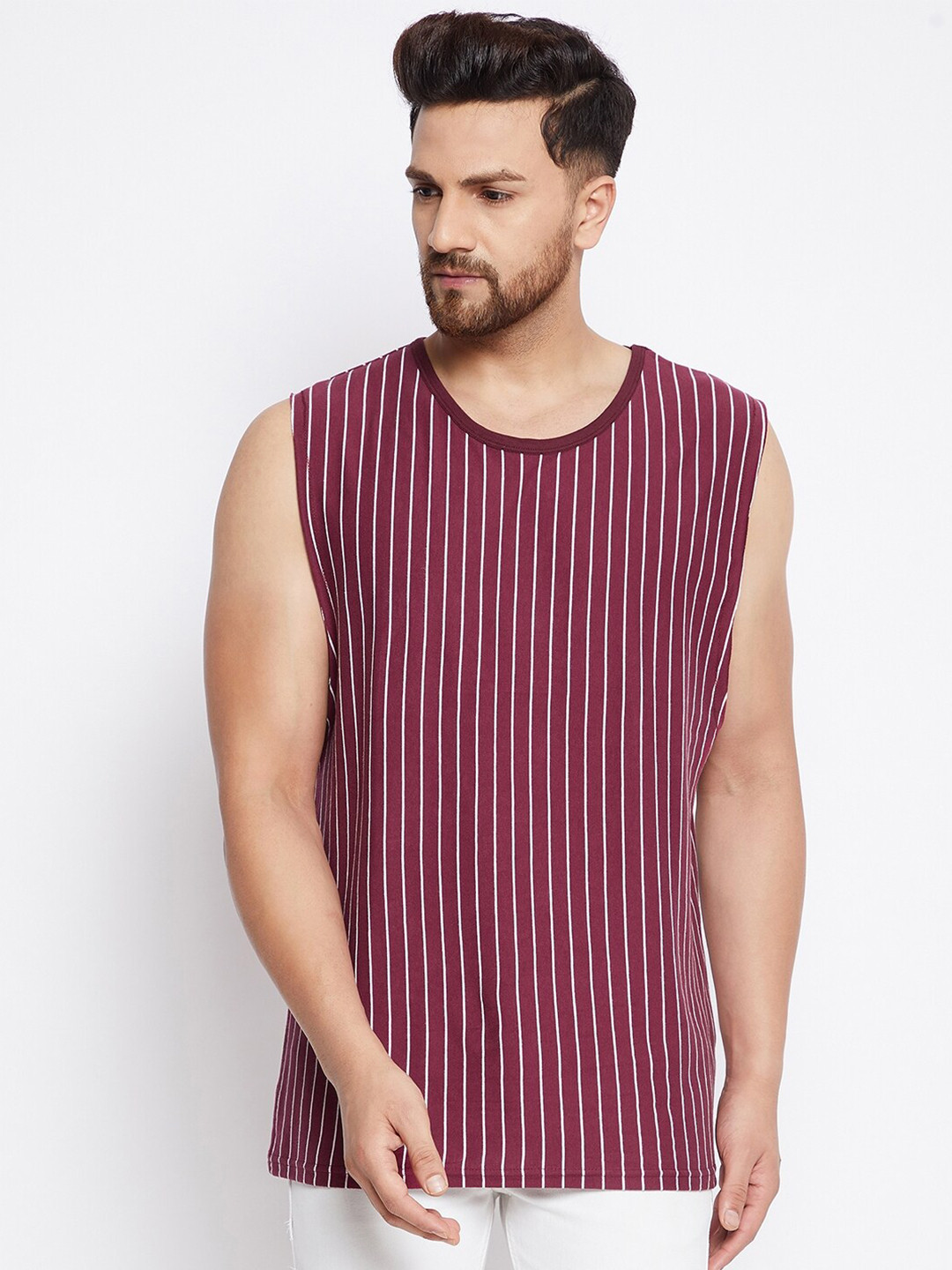 Hypernation Men Purple Striped Cotton T-shirt