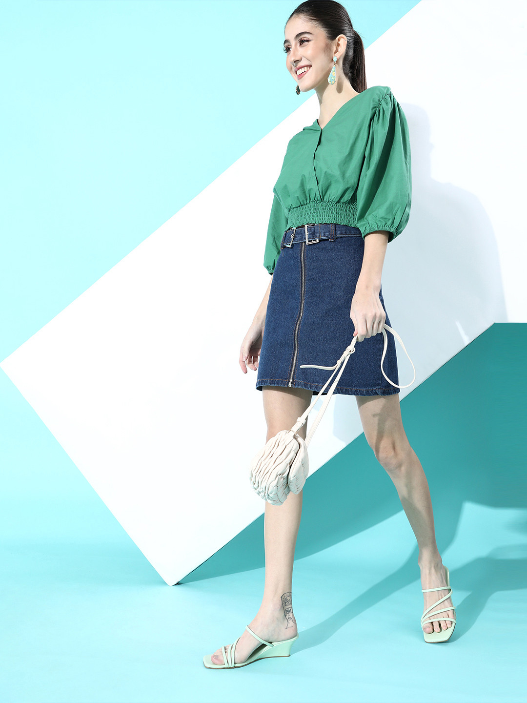 plusS Women Sea Green Solid Crop Top