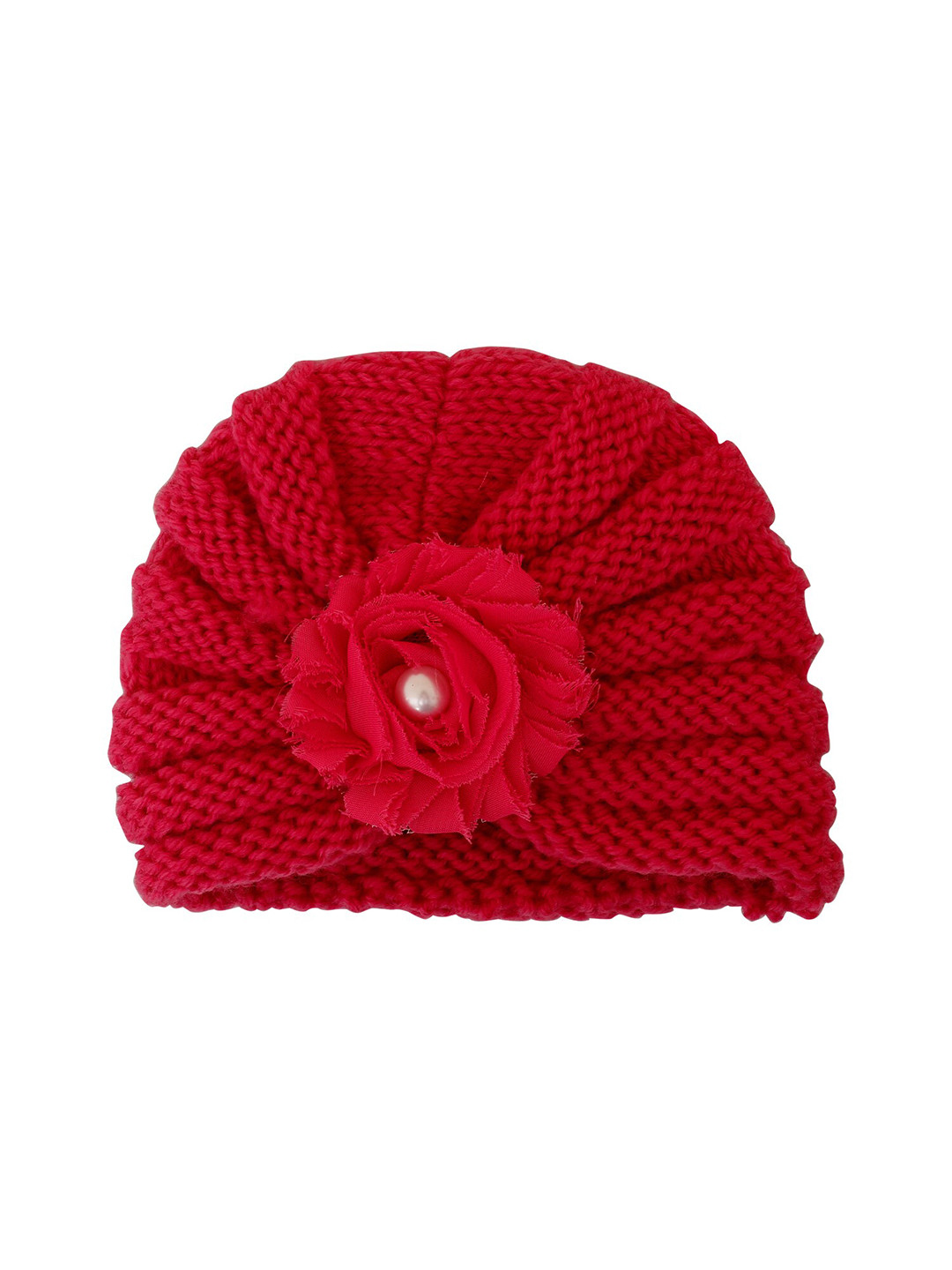 Baby Moo Girls Red Flower Embellished Woolen Turban Cap