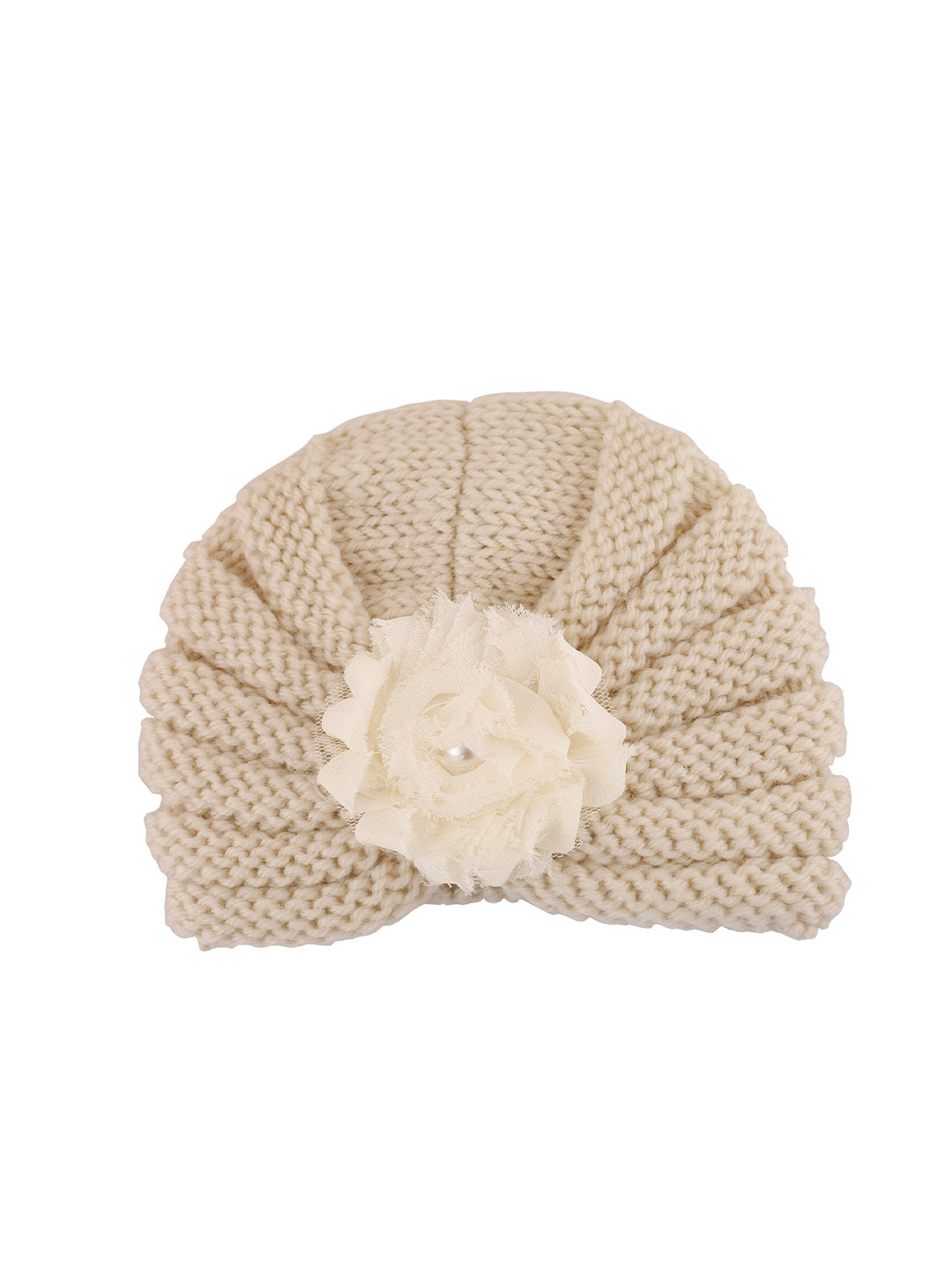 Baby Moo Girls Cream-Coloured Floral Self Design Wool Turban Cap