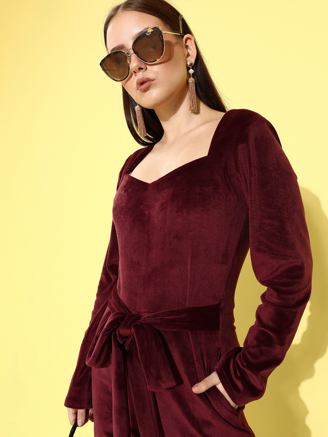 Athena Women Burgundy Velvet Basic Jumpsuit