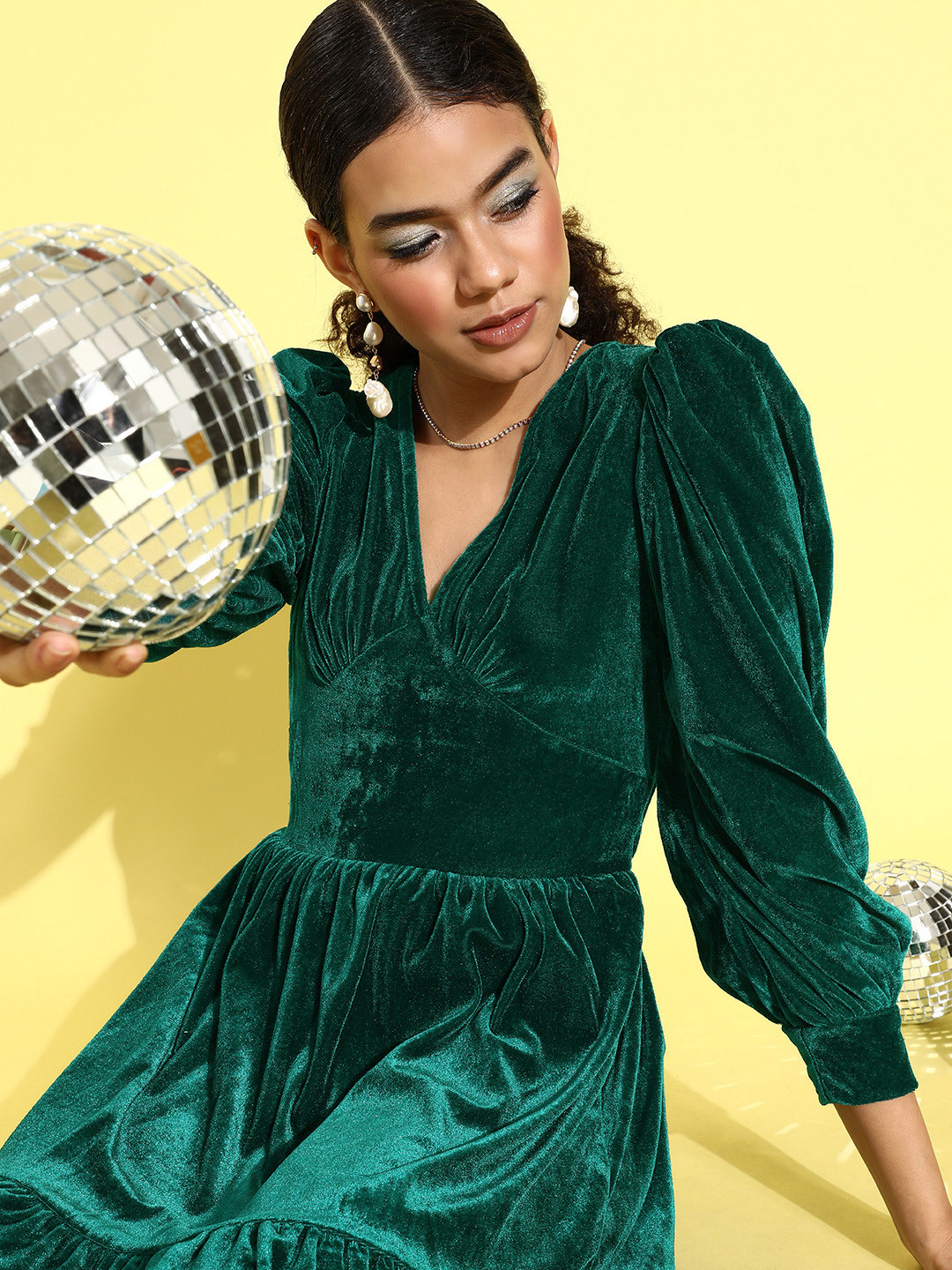 Athena Green A-Line Velvet Dress with Frilled Hem